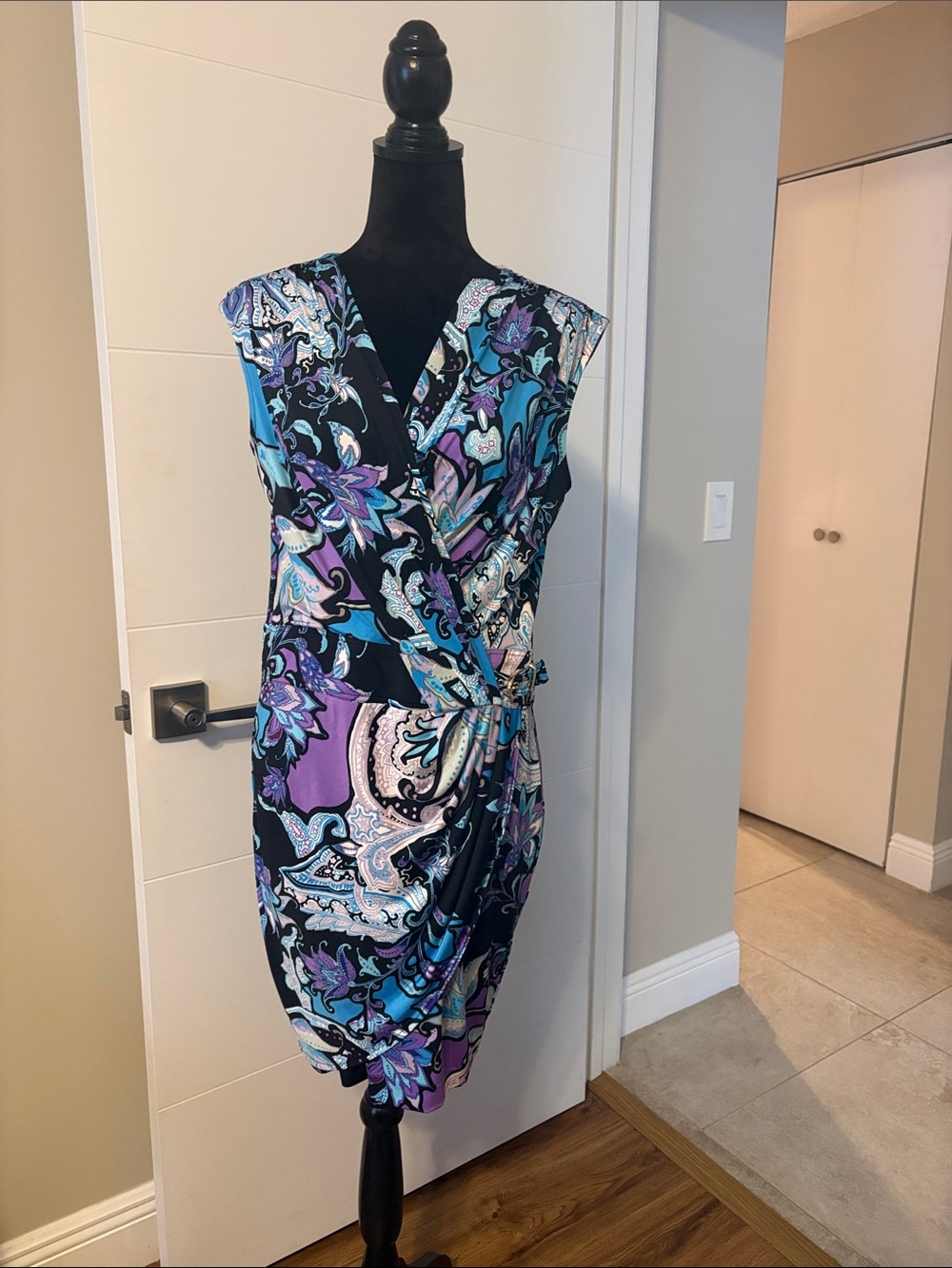 Cache Paisley Wrap  Dress in Black, Purple & Teal